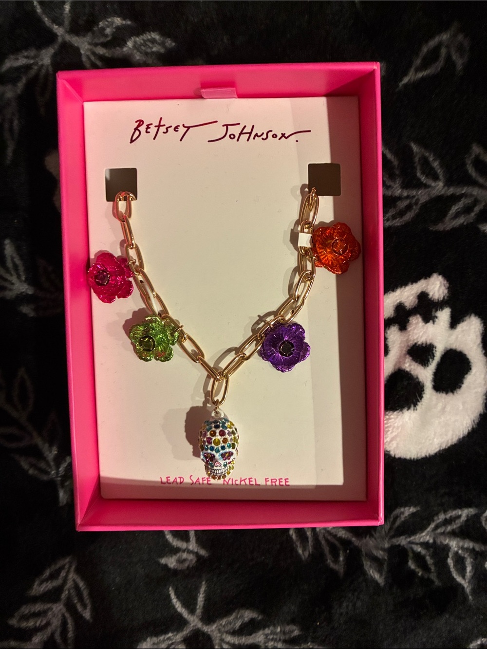 Betsey Johnson Gold-Tone Multicolor Flower Necklace with Crystal Skull Charm